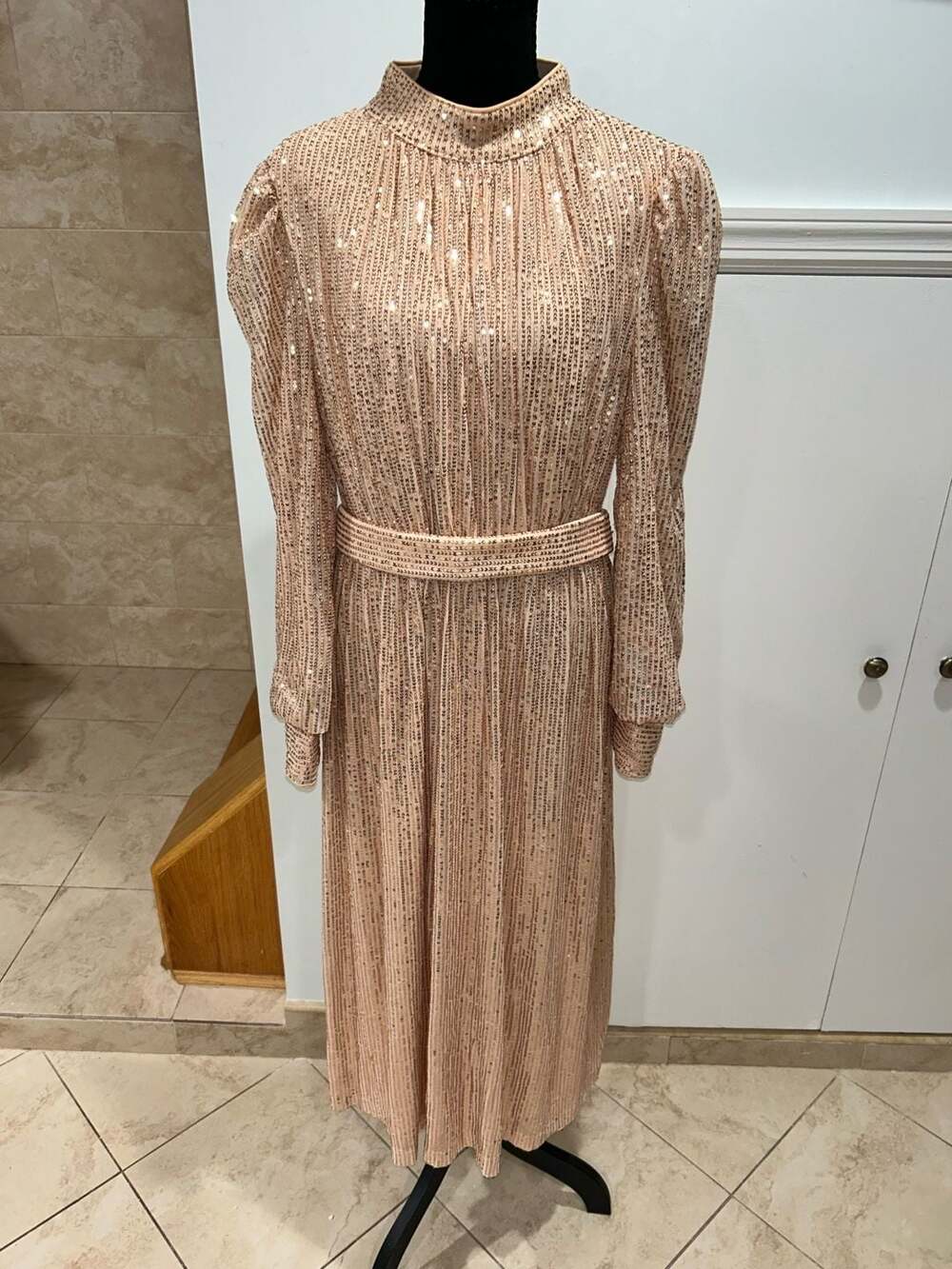 Giffniseti Long Sleeve Sequin Evening Gown with Belt